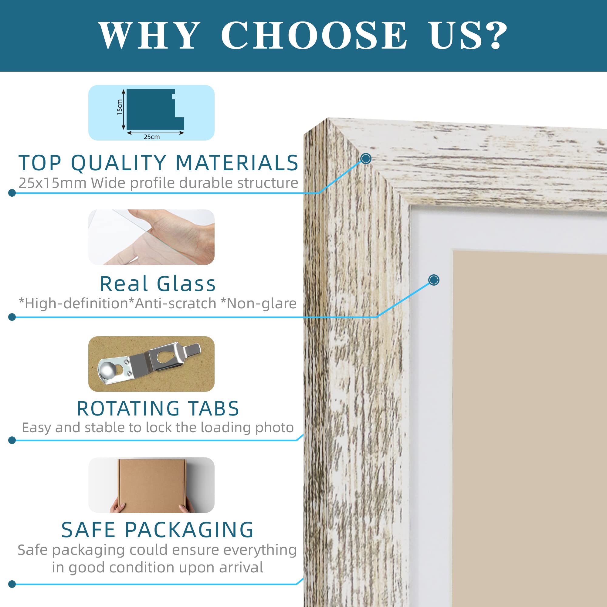 Hongkee 6x9 Picture Frame Set of 4, Made of Real Glass and Distressed White Wooden Frame - 6 by 9 Photo for Wall or Tabletop Dis